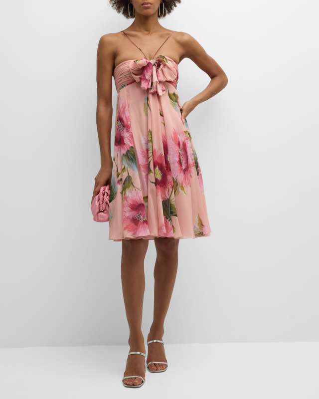 Floral-Print Bow Empire-Waist Halter Dress